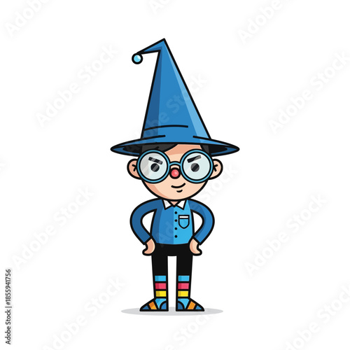 Whimsical blue wizard illustration with charming details and playful character design featuring a