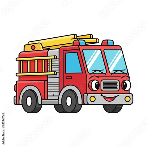Whimsical fire engine illustration with cheerful expression and bright colors for kids design