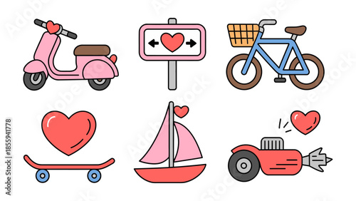 Love in Motion: a collection of charming illustrations showcasing the romantic notion of transport themed around Valentine's Day. Featuring a playful scooter, bicycle.