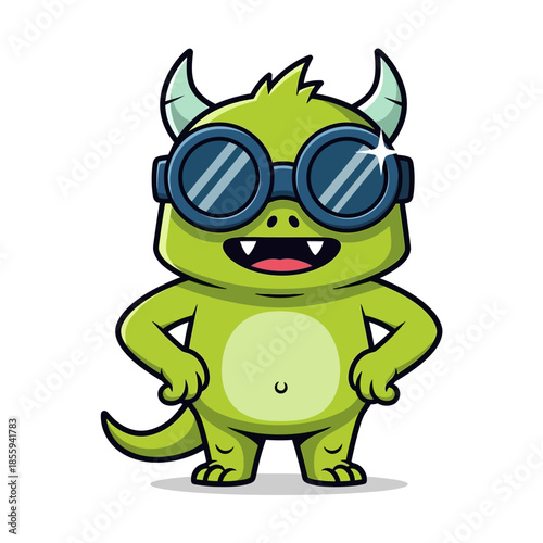 Playful green cartoon monster character with horns and trendy goggles on a white backdrop