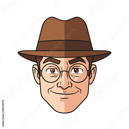 Character portrait with a hat and glasses conveys sophistication and thoughtfulness