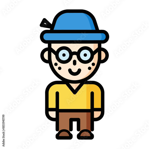 Cartoon character illustration featuring a bespectacled person with a gentle smile and a hat
