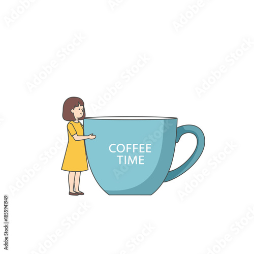 Whimsical depiction of a girl embracing a massive coffee cup with coffee time written on it