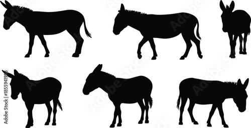 Black Donkey Silhouette Vector Set Featuring Various Farm Animal Profiles for Agricultural and Nature Designs