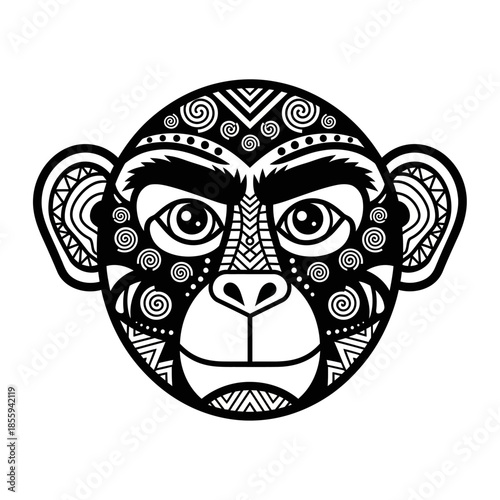 Stylized Monkey Head Illustration with Intricate Patterns and Bold Contrast Design