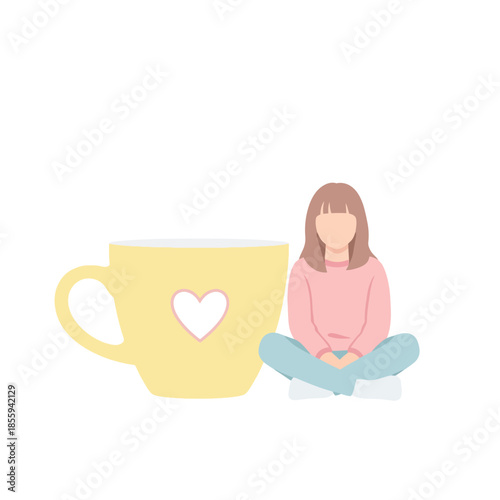 Tranquil moment: Woman meditating near a heart adorned teacup in a pastel setting