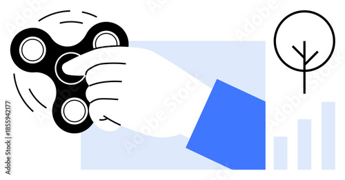 Fidget spinner concept. Fidget spinner in motion held by a hand, with graphic tree and bar chart symbols. Fidget spinner reflects relaxation, focus, and productivity. For mindfulness, stress relief