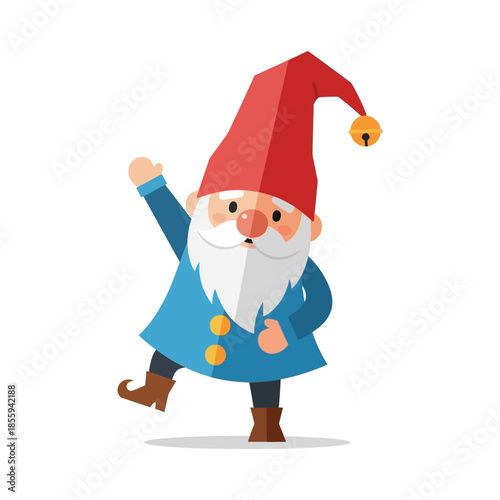 Whimsical vector gnome with a bell hat making an introductory gesture greeting style