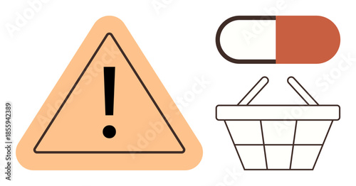 Bold exclamation mark in a triangle, red pill, and shopping basket conveying health warnings, consumer choices, and medication safety. Ideal for health, pharmacy, caution, alert consumer behavior