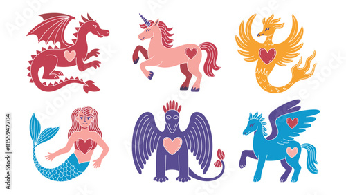 Mythical creatures: An array of magical beings, each with unique features, adorn this vibrant illustration, inviting viewers into a world of fantasy and imagination.
