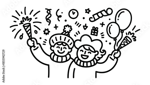 Celebratory Moment: A lively illustration depicting two individuals reveling in a festive atmosphere, surrounded by cheerful symbols of merriment.