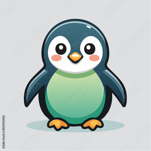 Cute cartoon penguin with big eyes and rosy cheeks standing on a light gray background.