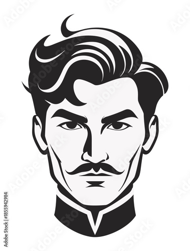 Man's face with short curled hair, chic moustache, in the style of the 1910s. Isolated illustration in black and white.