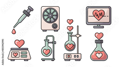 Laboratory of Affection: An array of stylized laboratory equipment, from beakers to a monitor, each filled with hearts. A unique concept of scientific love