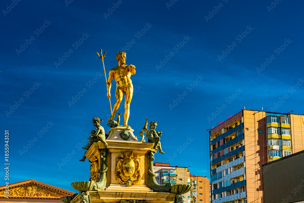 Fototapeta premium Title: Golden Neptune Statue Close-Up, Theater Square Batumi