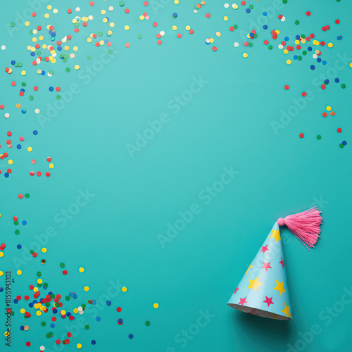 holiday background with teal backdrop, single party hat placed at bottom right