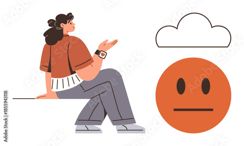 Woman sits with an open hand gesture beside a neutral face and cloud, symbolizing doubt, reflection, or mood. Ideal for emotional analysis, decision-making, introspection, communication, mental