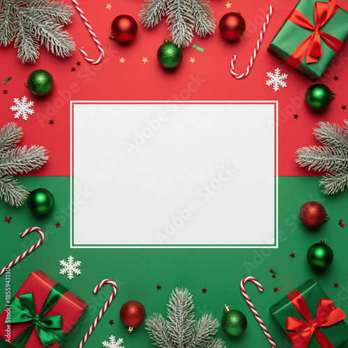 Winter holiday background with Christmas ornaments, pine branches, snowflakes, candy canes and wrapped gifts