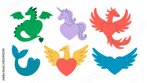 Whimsical Hearts: Six vibrant heart-shaped illustrations, each representing a magical creature, arranged in an enchanting design. Featuring mythical creatures.
