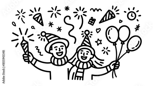 Party Illustration: A joyous pair celebrates with festive hats, holding sparklers and balloons amidst a flurry of confetti and fireworks. Capturing the essence of celebration and merriment.