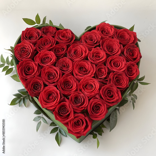 A heart-shaped box filled with red roses on a white background