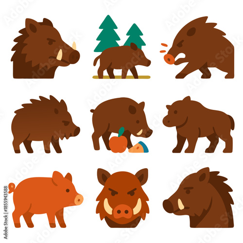 Wild boar icons suitable for microstock art, featuring a collage of unique wild boar depictions. Ideal for naturethemed designs.