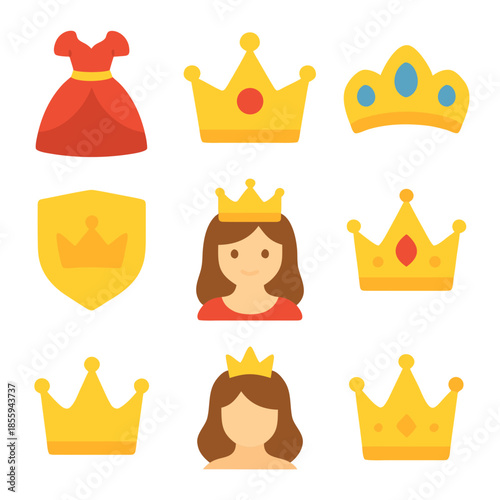 Princess crown dress crowns shields and queens fit for royalty displayed on a white background.