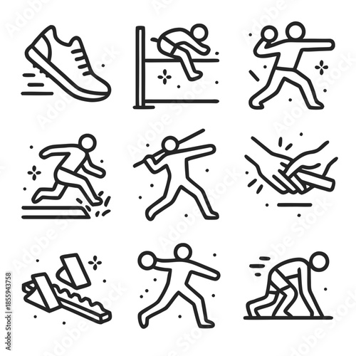 Track and field graphics show running, jumping, throwing competitions ideal for sports posters, event promotions, and athletic themed designs.