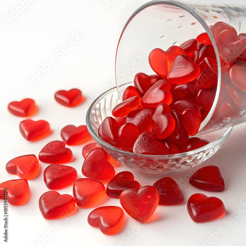 A glass bowl filled with red heart-shaped candies spilling out