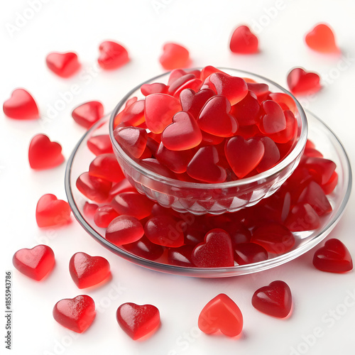 A bowl of red heart-shaped candies on a white background