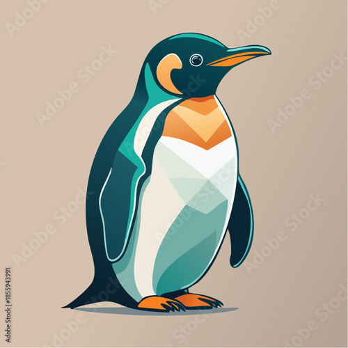 Stylized illustration of a penguin with geometric shapes and vibrant colors on a beige background.