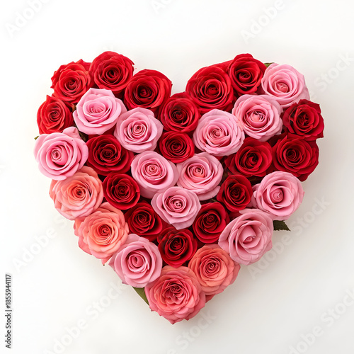 A heart-shaped bouquet of red and pink roses on a white background