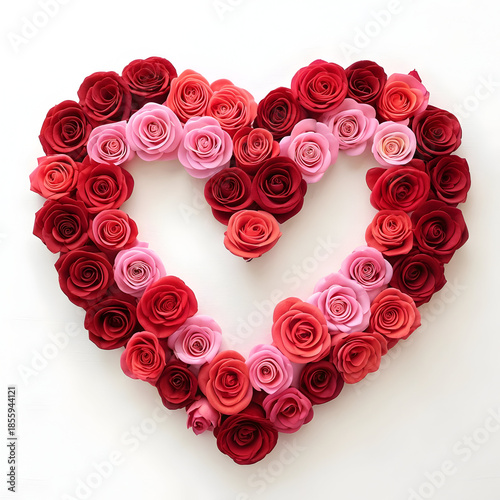A heart shape made of red and pink roses on a white background