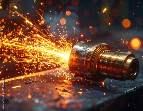 Close-up of a metal piece being worked on, creating sparks and glowing effects during a manufacturing process