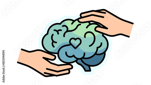 Mental Health Illustration with Brain and Heart Symbol Supported by Hands, Concept of Psychological Support, Emotional Intelligence, and Self-Care