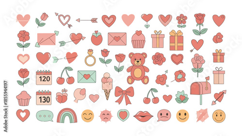 Valentine's Day Icon Set: A vibrant collection of romantic symbols, including hearts, arrows, roses, and gifts, perfect for expressing love and affection on Valentine's Day.