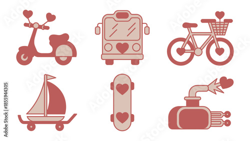 Love-themed Transportation Collection: A delightful compilation of transportation icons, each adorned with hearts, embodying love's spirit, and perfect for themed designs.