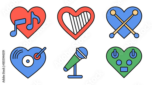 Musical Heartbeat: A vibrant illustration showcasing hearts creatively associated with the essence of music, each heart embodying a unique musical instrument. A symphony of love and rhythm