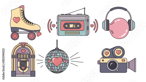 Retro Revival: A nostalgic collection of vintage items evoke the energy and fun of retro times, with hearts adding a touch of love, creating a captivating visual. 