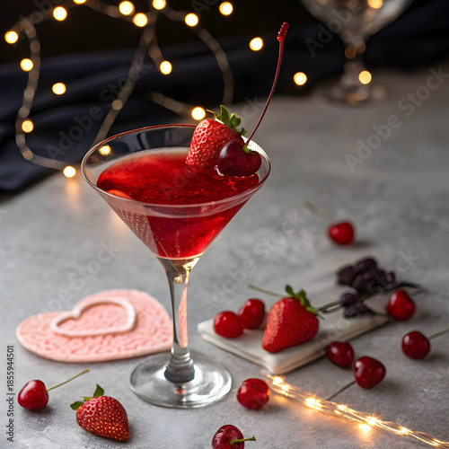 A martini glass filled with red liquid and garnished with strawberries and cherries