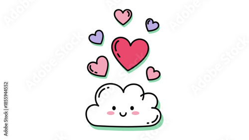 Love's Gentle Embrace: A cute, smiling cloud playfully releases a cascade of hearts, symbolizing affection and joy. Capturing the spirit of love and connection.