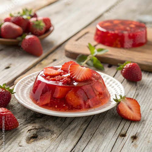 A delicious strawberry jelly dessert on a white plate with fresh strawberries