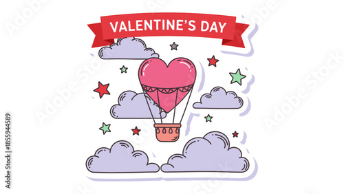 Valentine's Day in the Sky: A whimsical depiction of a heart-shaped hot air balloon floating amidst clouds and stars, symbolizing love and celebration on a special day.