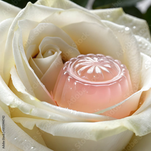 A delicate pink soap nestled in a white rose petal
