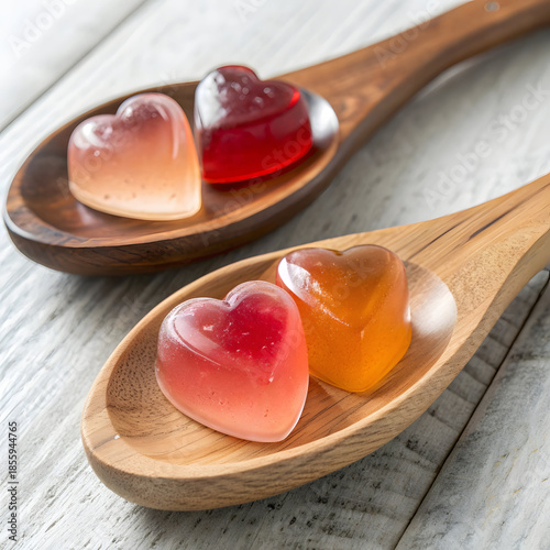 Heart-shaped jelly candies on wooden spoons on a table