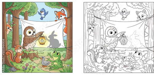 Cute Cartoon Owl performing a Shadow Puppet Show for Forest Friends like Fox, Squirrel and Frog in the Woods, Kids Storybook Illustration of Animals playing together in Nature