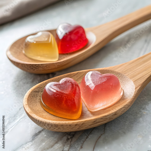 A close-up of heart-shaped gummies on wooden spoons on a marble surface
