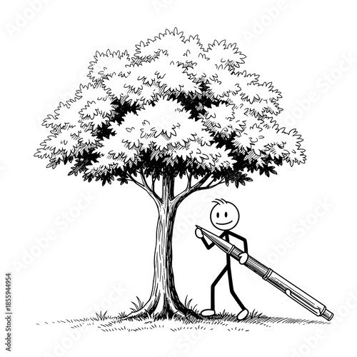 Cartoon Character Drawing Tree with Giant Pen.
