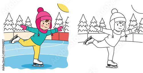 Coloring book page for kids featuring cute cartoon boy ice skating on winter rink, vector outline and color example