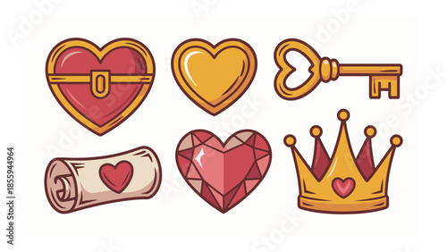 Heart Treasure and Love Items: A collection of charming, heart-shaped items, including a treasure chest, a jewel, a crown, and a key, evokes feelings of love and affection.